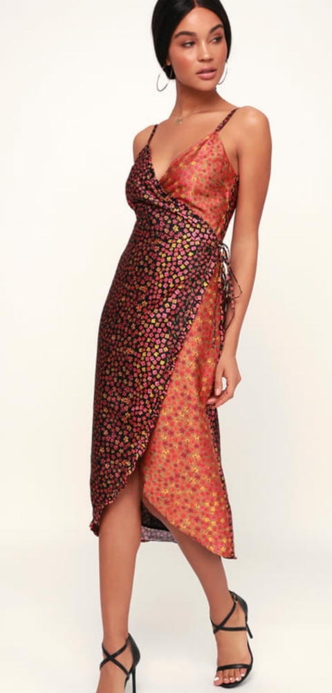 Black Multi Floral Print Wrap Dress